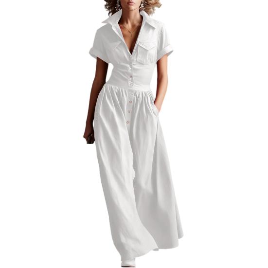 Women Casual Button Down Shirt Dress, Short Sleeve Long Western Cowgirl Dress, Summer Flowy A-Line Maxi Dress with Pockets