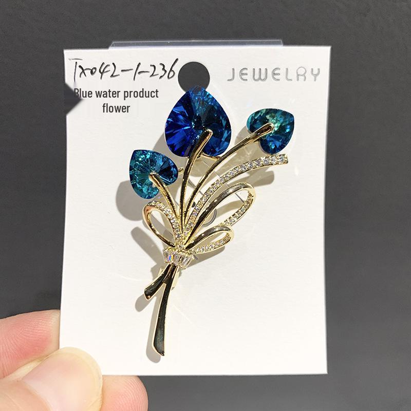 Bo Xin Yun Qixi Festival Blue Austrian Crystal Flower Brooch - Elegant Women s Coat Accessory