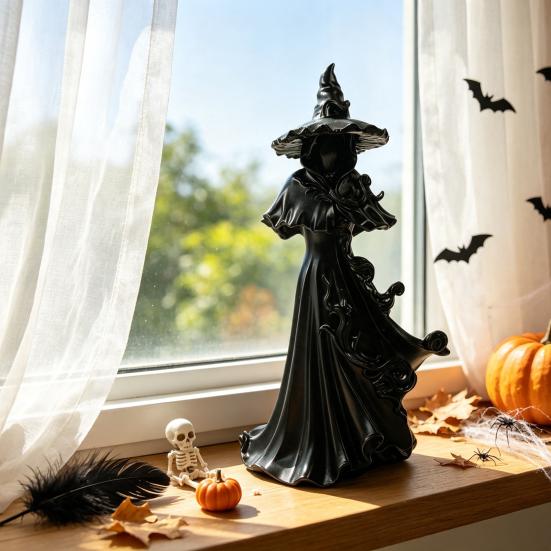 Dark Aesthetic Shelf Ornaments 12 Inch Black Resin Faceless Witch Figurine, Gothic Spooky Robed Statue with Sculpture for Home Pointed Wizard