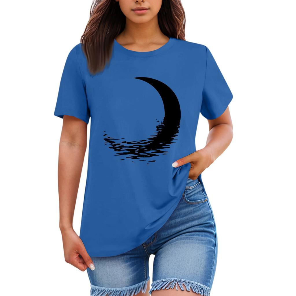 Ladies' Loose Comfortable Casual Fashionable  Moon Pattern Printed Round Neck Short Sleeved Shirt
