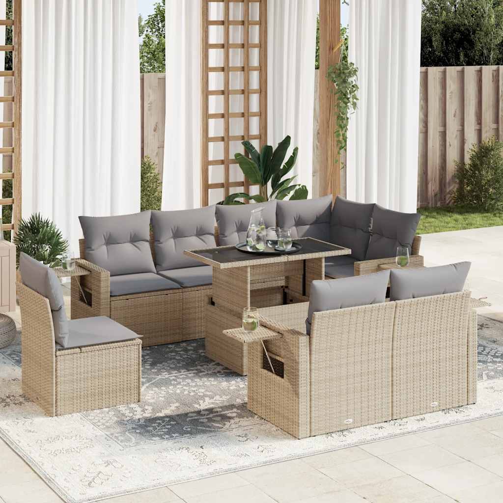 9 Piece Beige Garden Sofa Set with Cushions Poly Rattan
