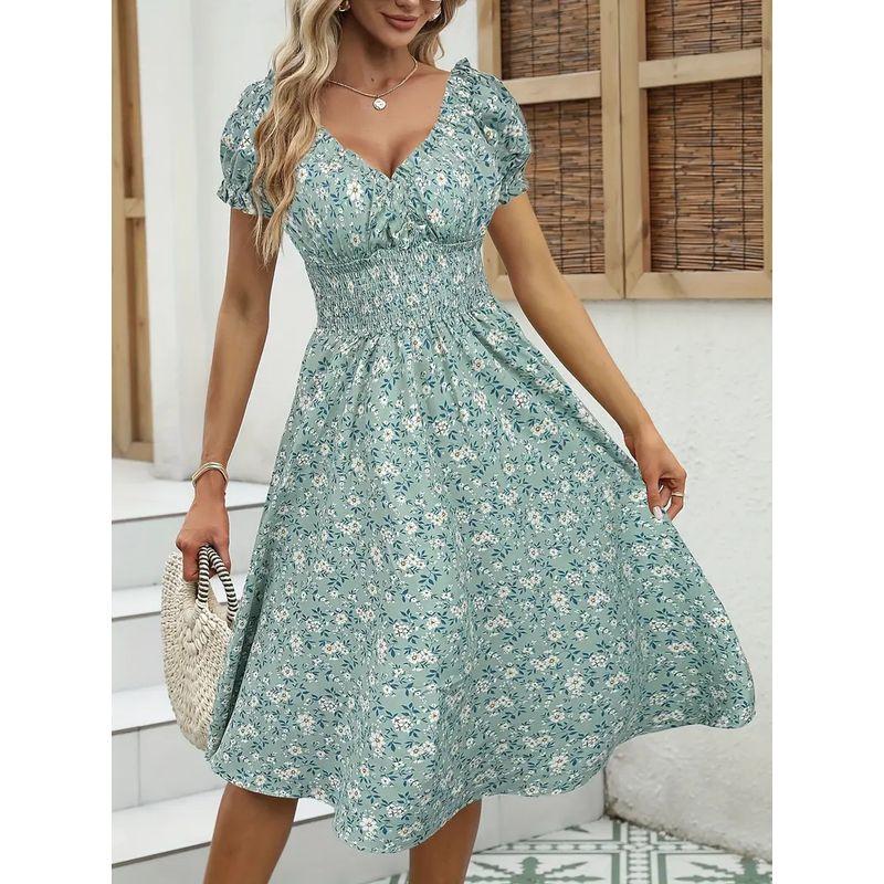 European and American Short sleeve Skirts Women clothes New Retro Floral Puff sleeve French style Slim dress