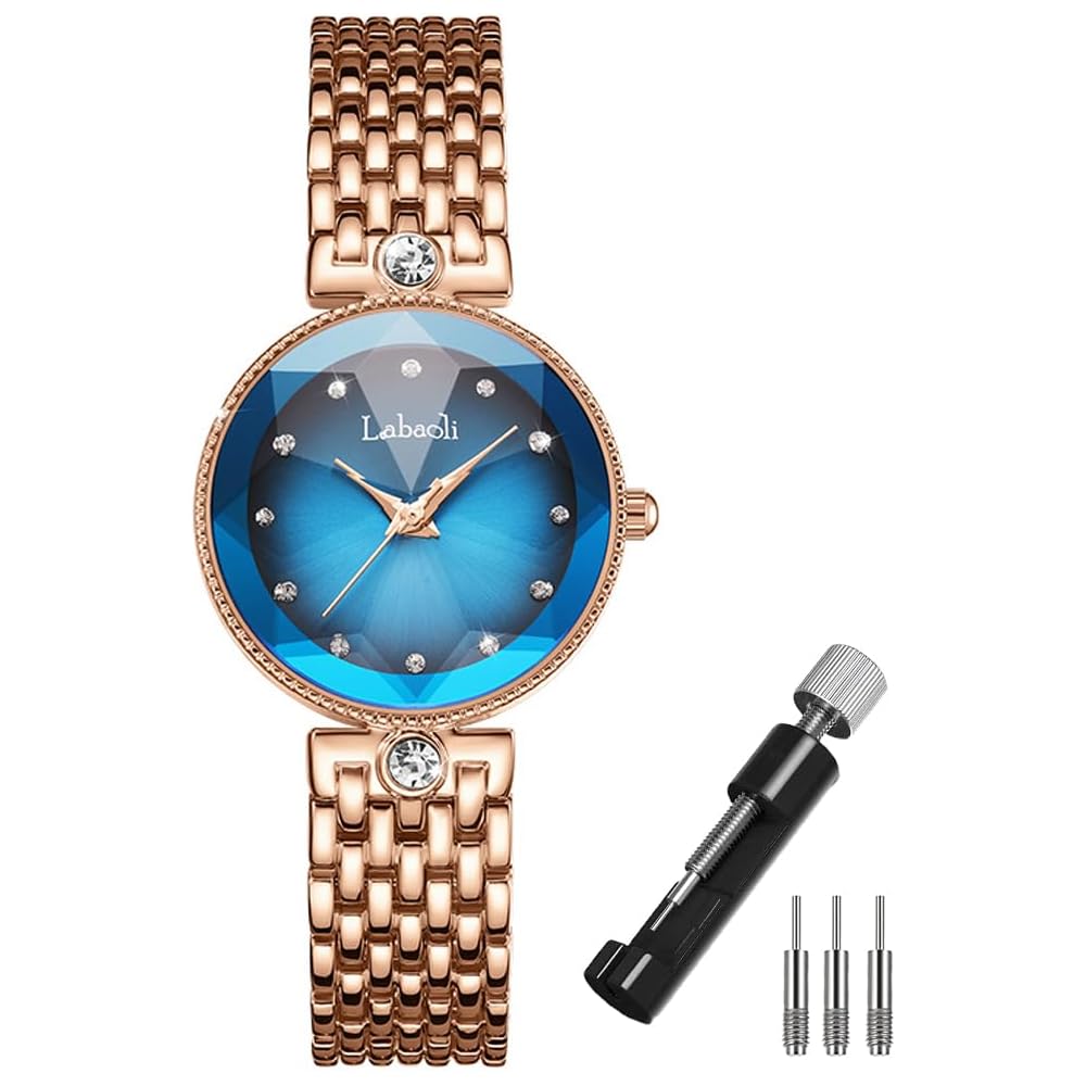 Stylish Women s Crystal Waterproof Watch Rose Gold Blue Stainless Steel Business Gift