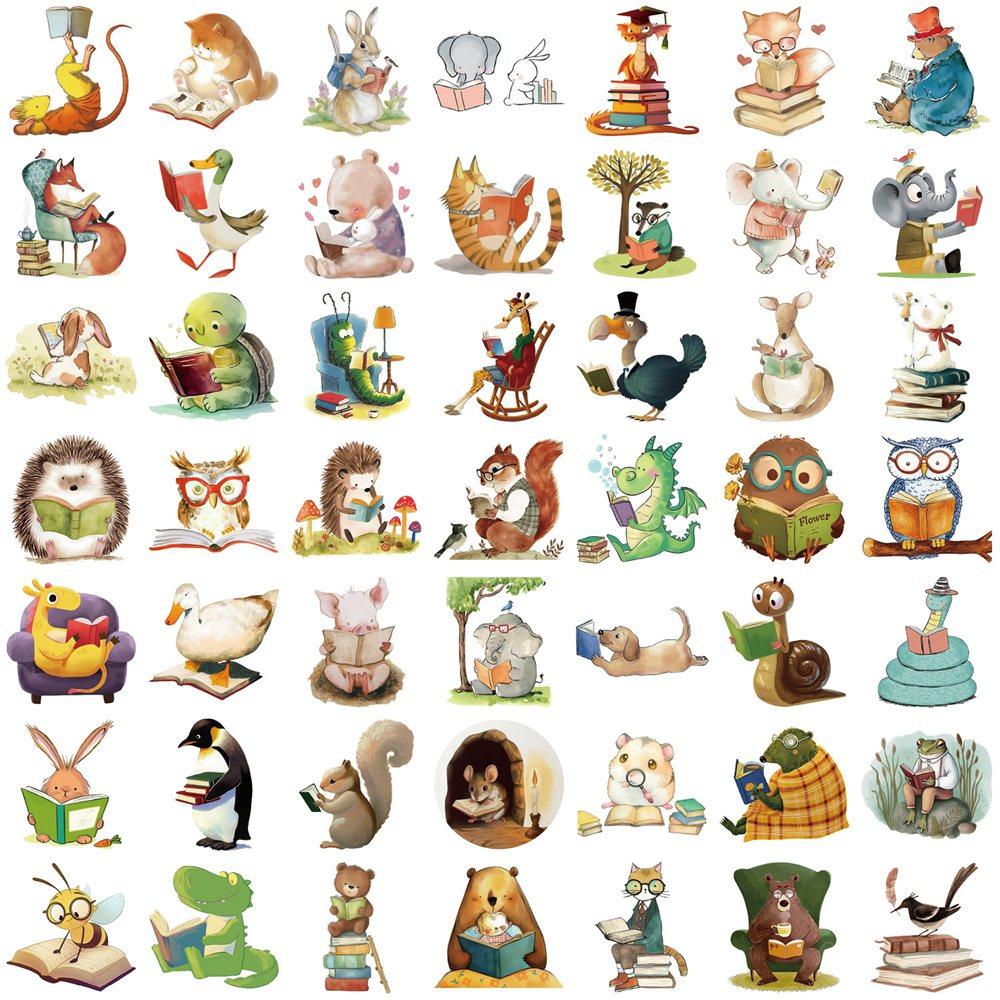 50pcs/pack Cartoon Cute Animal Reading Stickers Pack Phone Suitcase Computer Laptop Journaling Materials DIY Handmade Sticker