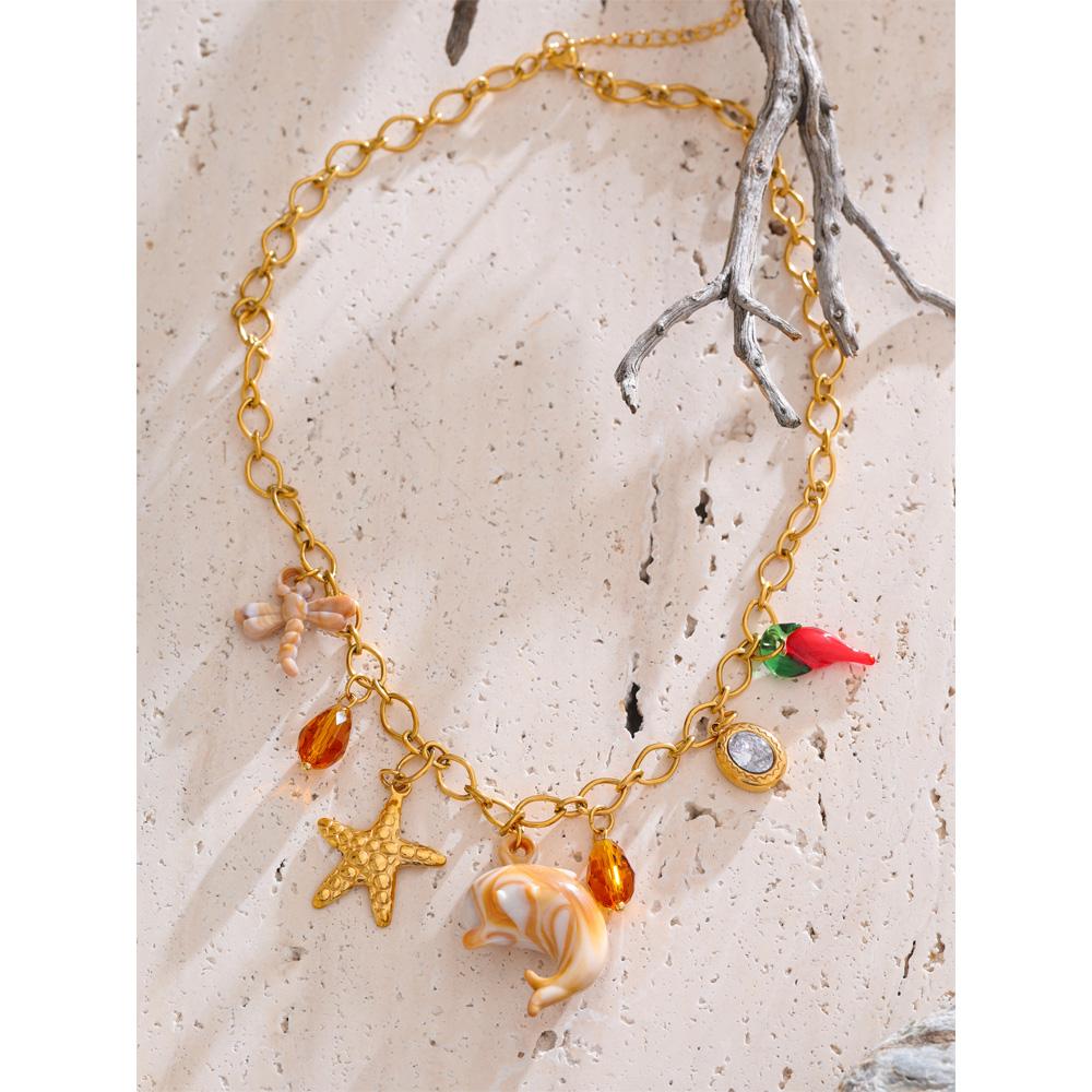 Yhpup Starfish Shell Resin Dolphin Conch Charms Pendant Trendy Necklace for Women Stainless Steel Ocean Series Golden Jewelry