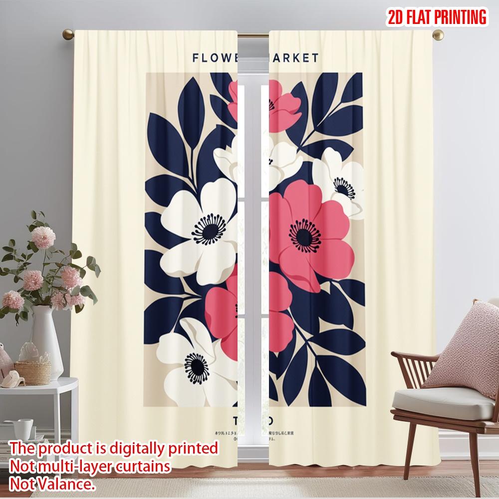 2pcs 2D Flat Printing Window Curtains Floral Market Tokio Polyester Without Electricity Festive Holiday Perfect for Festive Wall