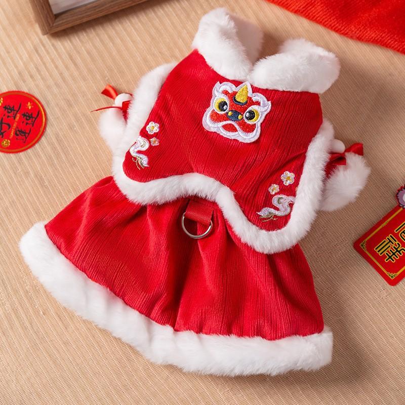 Pet Dog Cat Chinese Style New Dress Red Pink Lion Dance Costume Winter Outfit Small Medium Pets