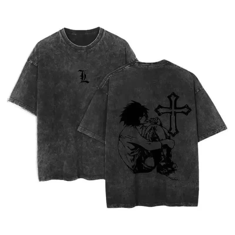 T-shirt con Stampa Yagami Light L Lawliet Anime Death Note Manica Corta Uomo Donna T-shirt Retro Lavata Harajuku Cotone Top