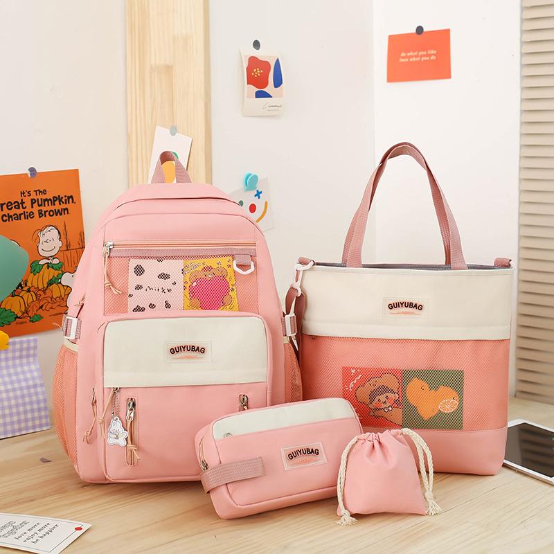 School bag four-piece female backpack fashion student large capacity backpack backpack student schoolbag