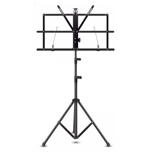 Folding Music Stand, Lightweight, Black, Metal, Tripod, Adjustable Music Stand with Clamp and Clips, Foldable Height 50-150cm, Adjustable Reading Stan