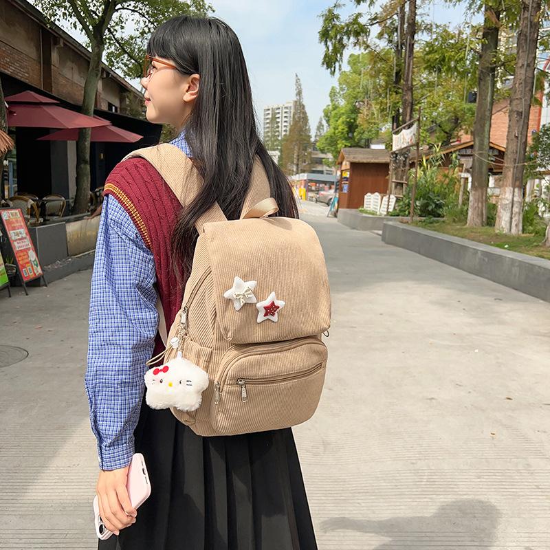 Corduroy big cover college style student schoolbag soft sister large capacity junior high school student star backpack