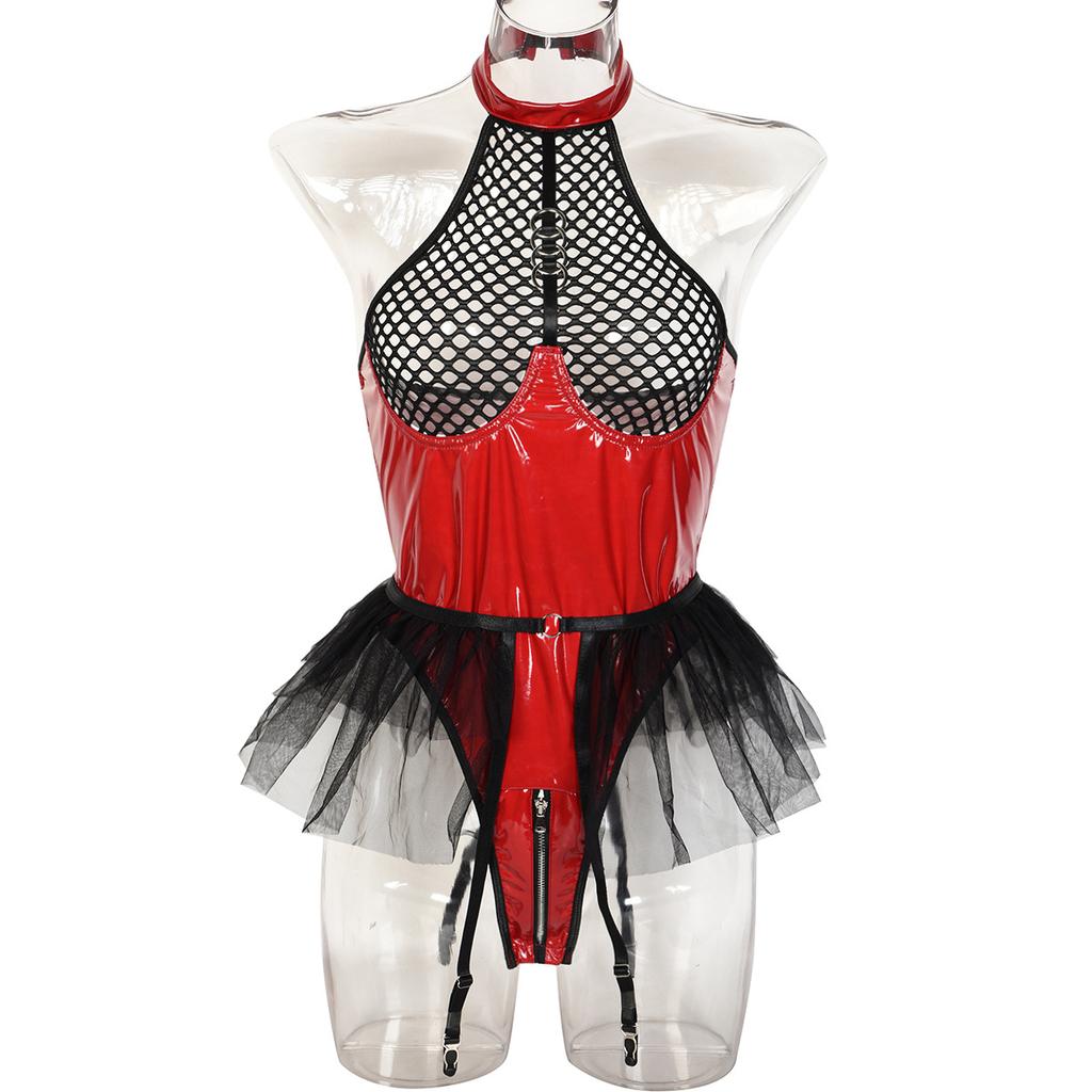 European Sexy, PU Patent Leather Mesh, Splicing Neck, Underwear Mesh, Skirt Skirt, Garter Belts, Detachable Jumpsuit