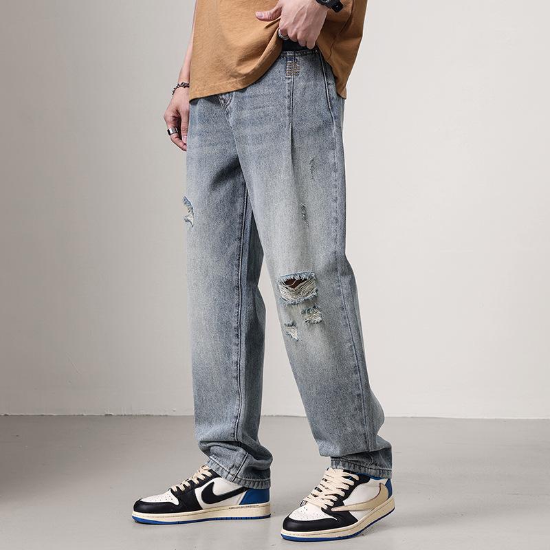 Jeans Men's Straight Pants Summer Ripped Personalized Jeans Men's Summer Thin Breathable Loose Straight Pants