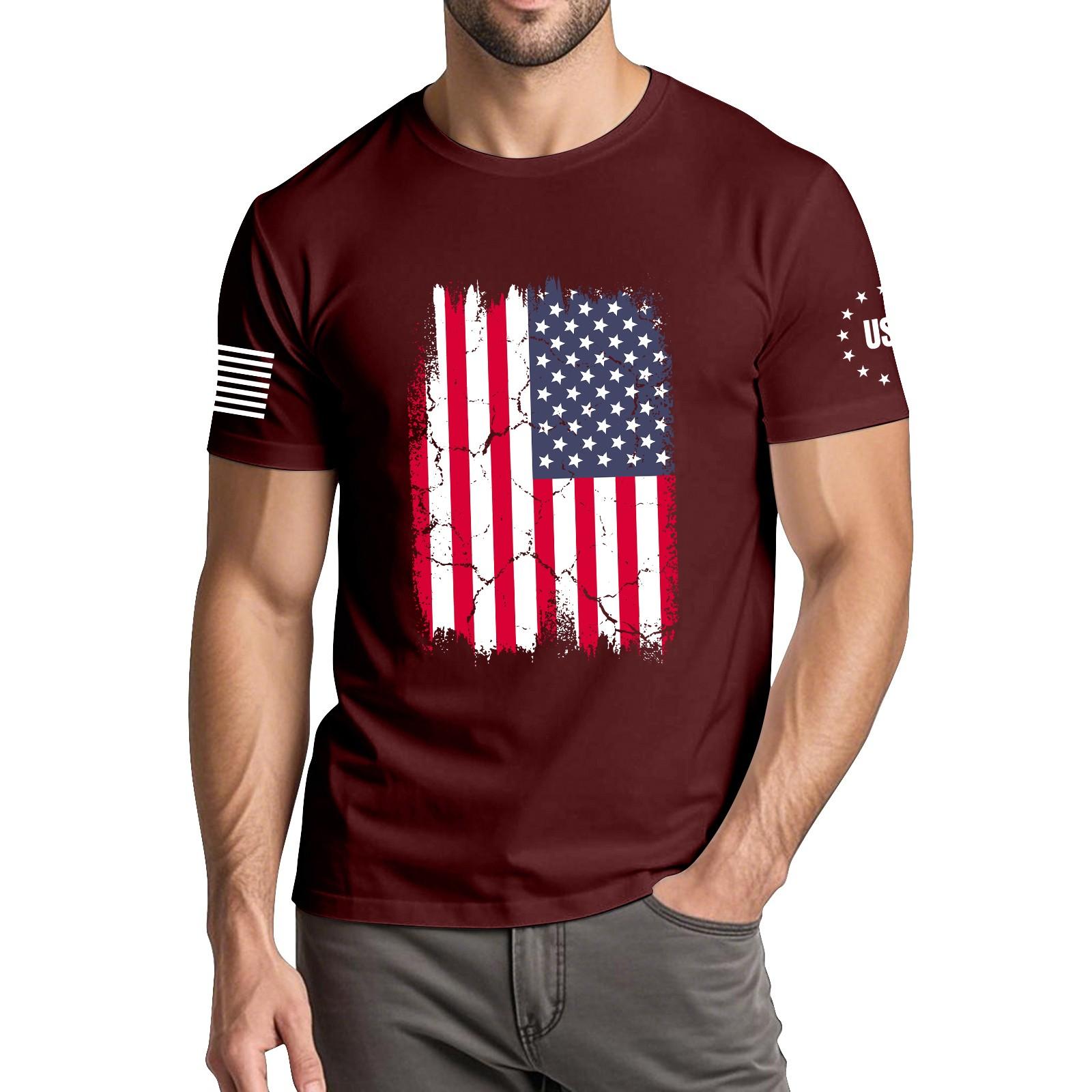 

Чоловіча модна повсякденна футболка з круглим вирізом та коротким рукавом з принтом до Дня Незалежності XL винний