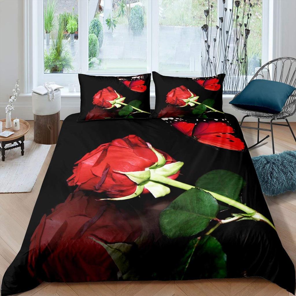 Ensemble Housse de Couette Rose Rouge Ensemble de Literie Imprimé Fleur de Rose Style Romantique Frais Taille King Housse de Couette avec Taies d'Oreiller pour Amoureux
