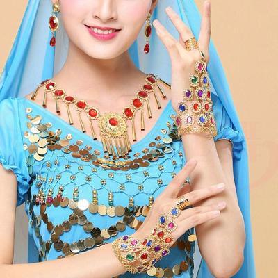 Zinc Zinc Alloy Indian Dance Performance Jewelry Rhinestone  Bracelet with Rings Personality   Women