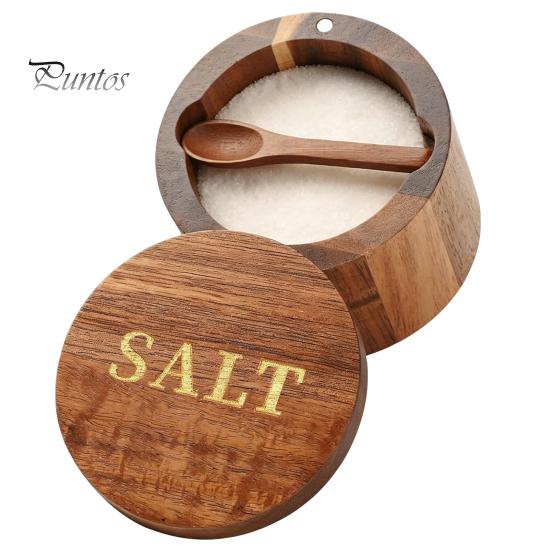 Reusable Wooden Seasoning Box Wood Salt Container with Swivel Magnetic Lid, Built-in Spoon Decorative Spice Keeper Jar, Moisture Proof for Kitchen