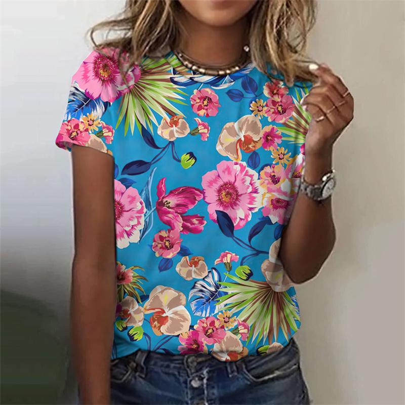 

Футболка с 3D-принтом и красочными цветами для женщин, футболки с растительным узором, летние повседневные футболки с короткими рукавами и круглым вырезом, свободные футболки 6XL