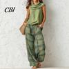 Relaxed Fit Drawstring Pants Women Top 2-Piece Set, Summer Ruffle Mock Neck Sleeveless Lightweight Outfits & Plaid Wide Leg Pants, Vintage Loose