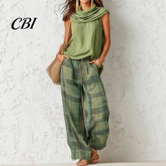 Relaxed Fit Drawstring Pants Women Top 2-Piece Set, Summer Ruffle Mock Neck Sleeveless Lightweight Outfits & Plaid Wide Leg Pants, Vintage Loose