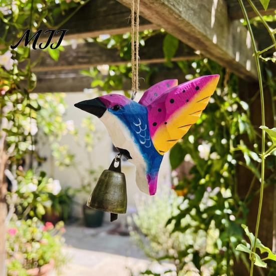 Eco Friendly Hanging Ornament Hand Carved Wooden Bird Wind Chime, Rustic Bell Decor Handmade Hummingbird Chimes with Rope, Wood Pendant for