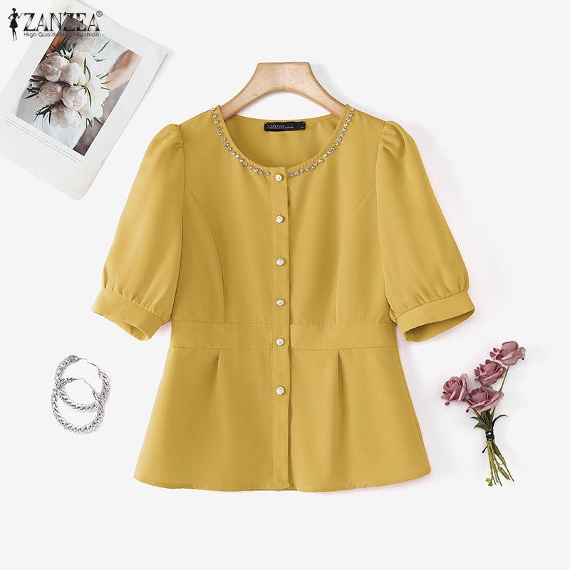 ZANZEA Women Casual Round Neck Short Sleeve Beading Peplum Blouse