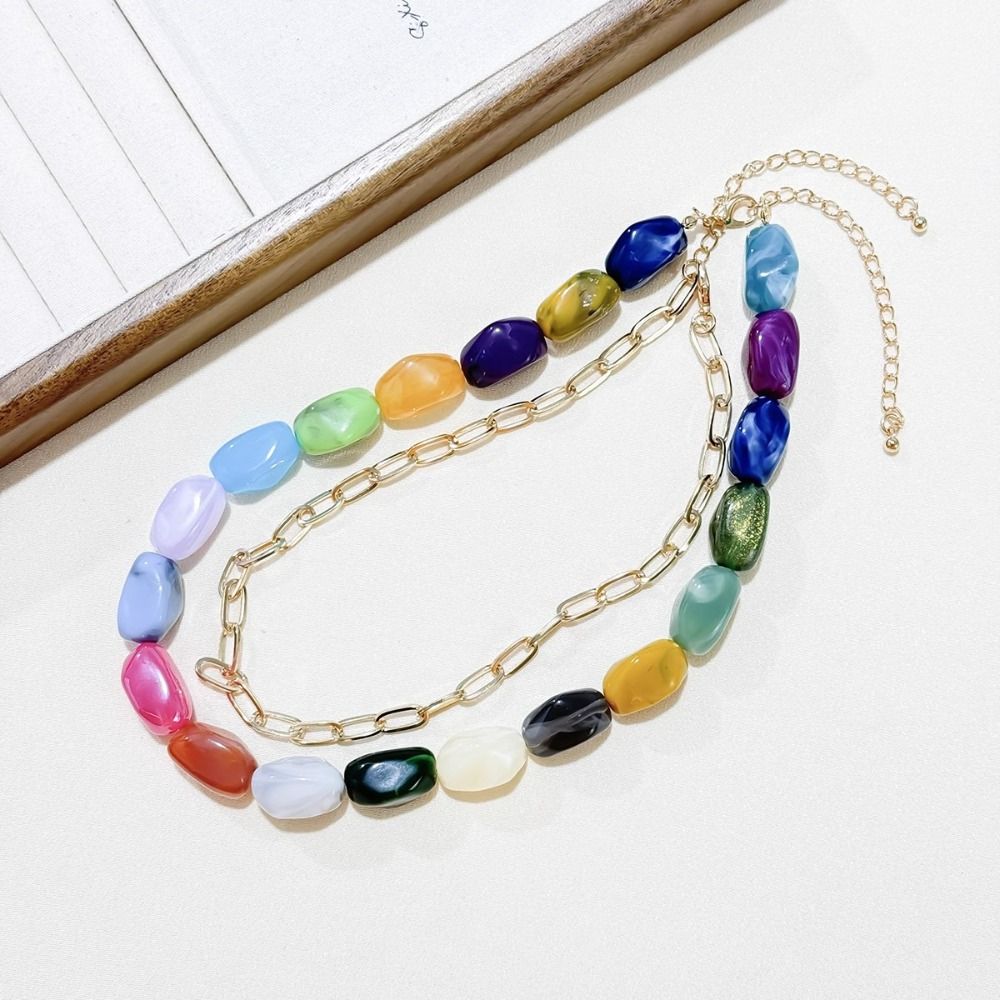 2Pcs/Set Stone Colorful Resin Necklace Bead Clavicle Chain Creative Stone Beads Short Choker  Girls