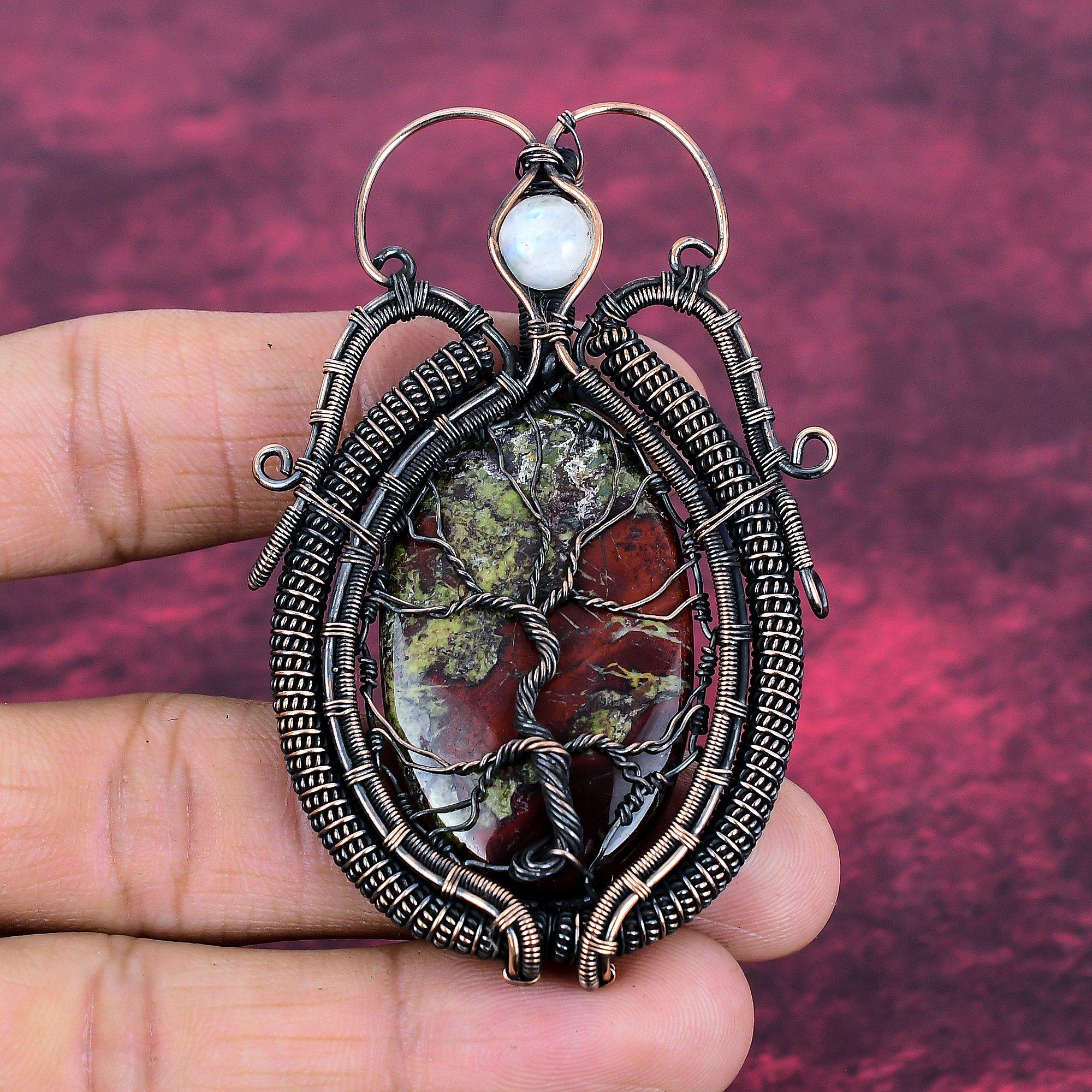 Tree Of Life Dragon Bloodstone Pendant Rainbow Moonstone Pendant Copper Wire Wrapped Jewelry