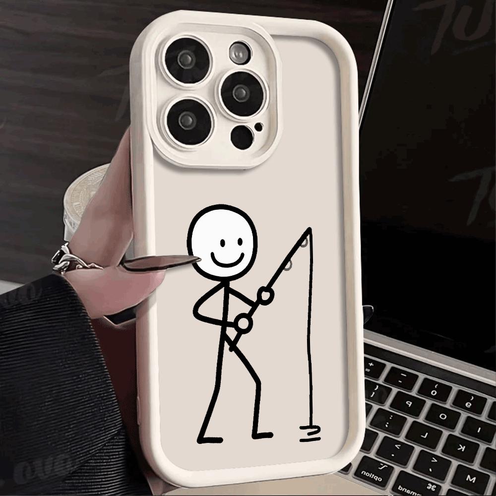 Shockproof Phone Case For iPhone 16 15 14 13 12 11 Pro Max Plus/Mini Lens Protect Scratch proof Soft Cover Lovely Black Line Man
