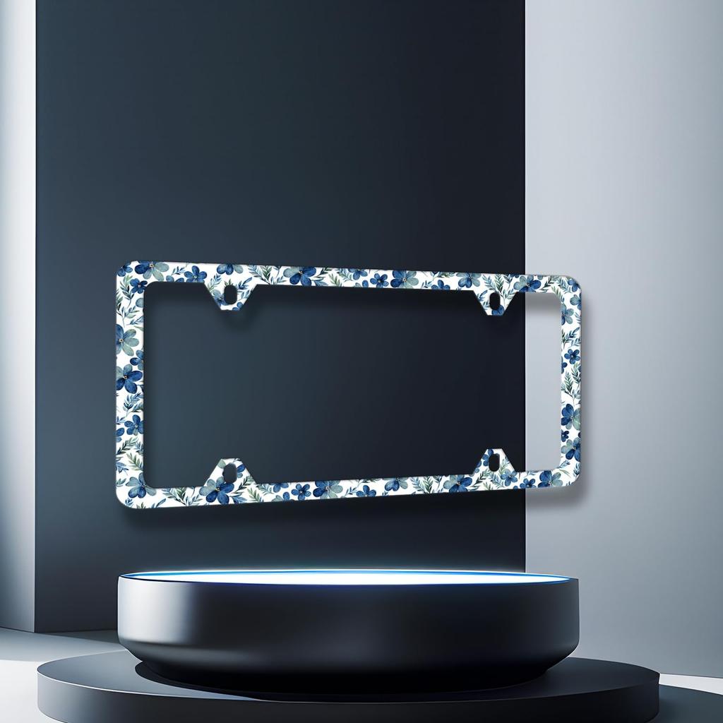 Blue Boho Flowers License Plate Frame Cute Floral License Plate Personalise Auto Parts For Men Women Car Decoration Stainless Steel Funny License