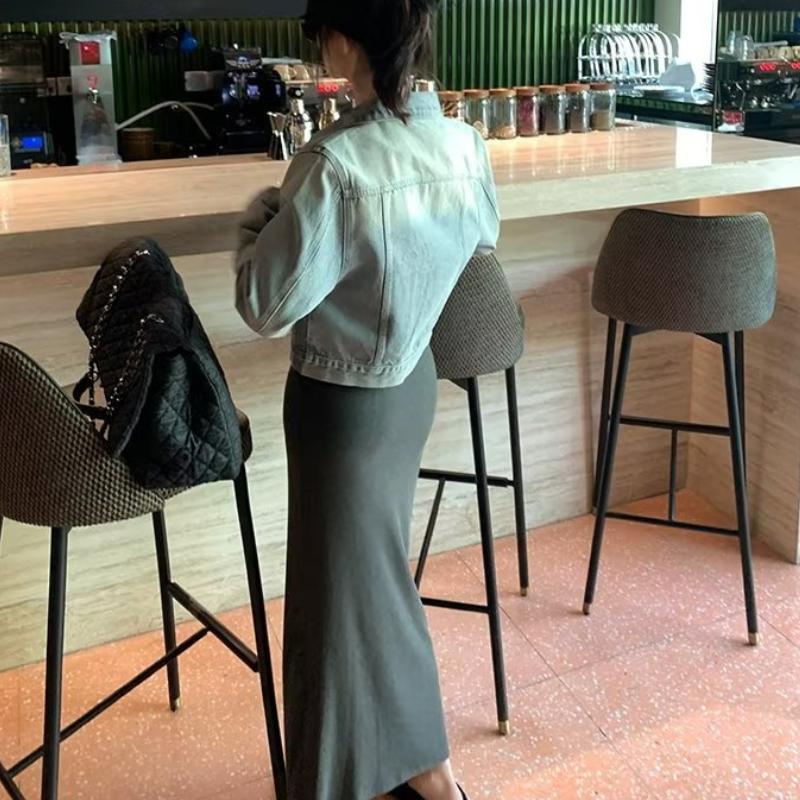 IHUASU Dámská Vintage ležérní denim podzimní a zimní bunda a kabát POLO s dlouhým rukávem