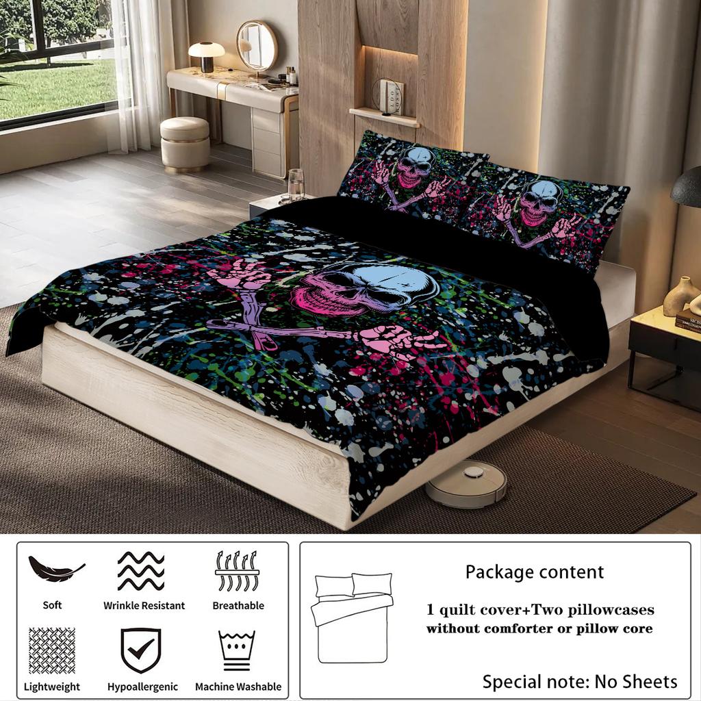 3-piece set, skull gestures pattern printed duvet set, queen, king, double bed, party  funny and creative bedding set