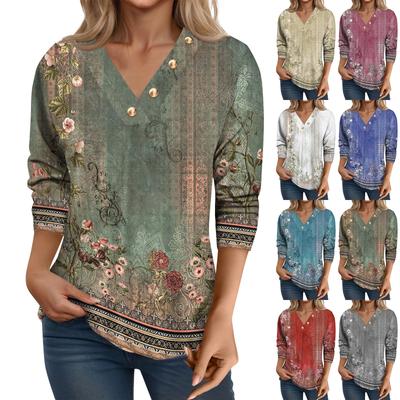Women's Fashion Casual V-Neck 3/4 Sleeve Loose Printed T-Shirt Ladies Top
