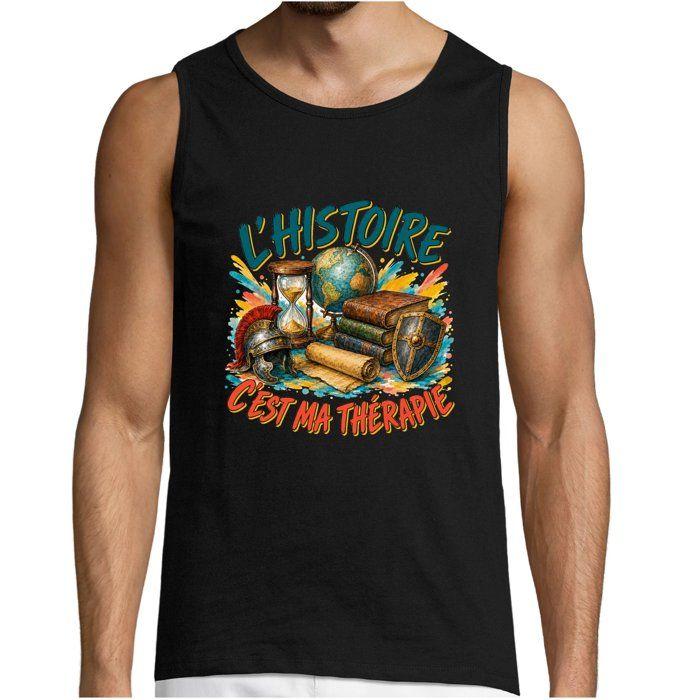 Débardeur Homme L’Histoire c’est ma thérapie | Tee Shirt Sans Manches en Coton Ringspun 150 g/m² Coupe Tubulaire Noir Taille XXL
