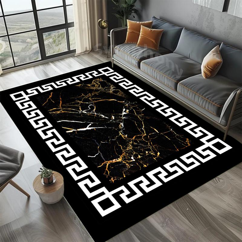 Luxury Modern Geometric Border Rug Vibrant Black Gold Marble Pattern Carpet Elegant Floor Covering Living Room Decor