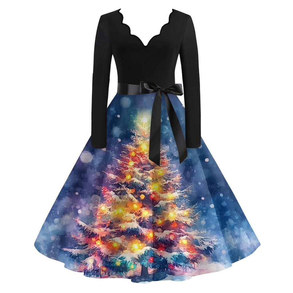 Women's Casual Fashion V Neck Long Sleeve Christmas Printed Party Vintage Long Dresses