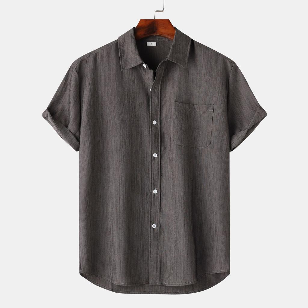 Summer Lapel Solid Color Short Sleeve Button Men's Linen Shirt Men's Clothing