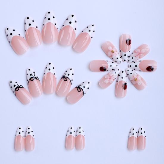 1 Set Flower Ladybugs Dotted Press on Nails Spring 3D Floral Stick-on Fake Nails Removable Full Cover Almond Glue on False Nails for Women