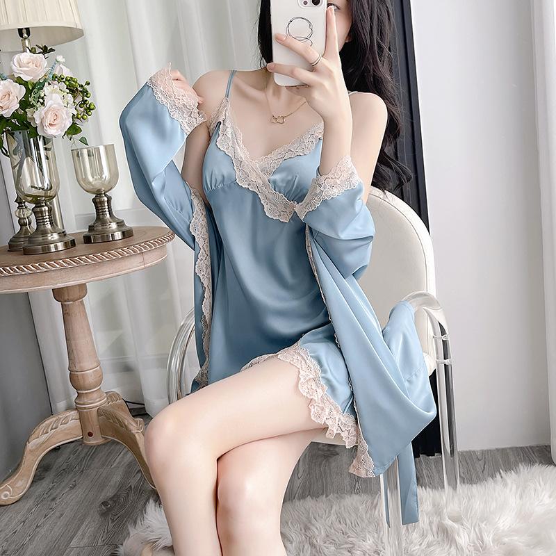 Pajamas women's spring and autumn satin ice silk nightgown summer pure desire wind v tie chest pad suspender nightdress two-piece set