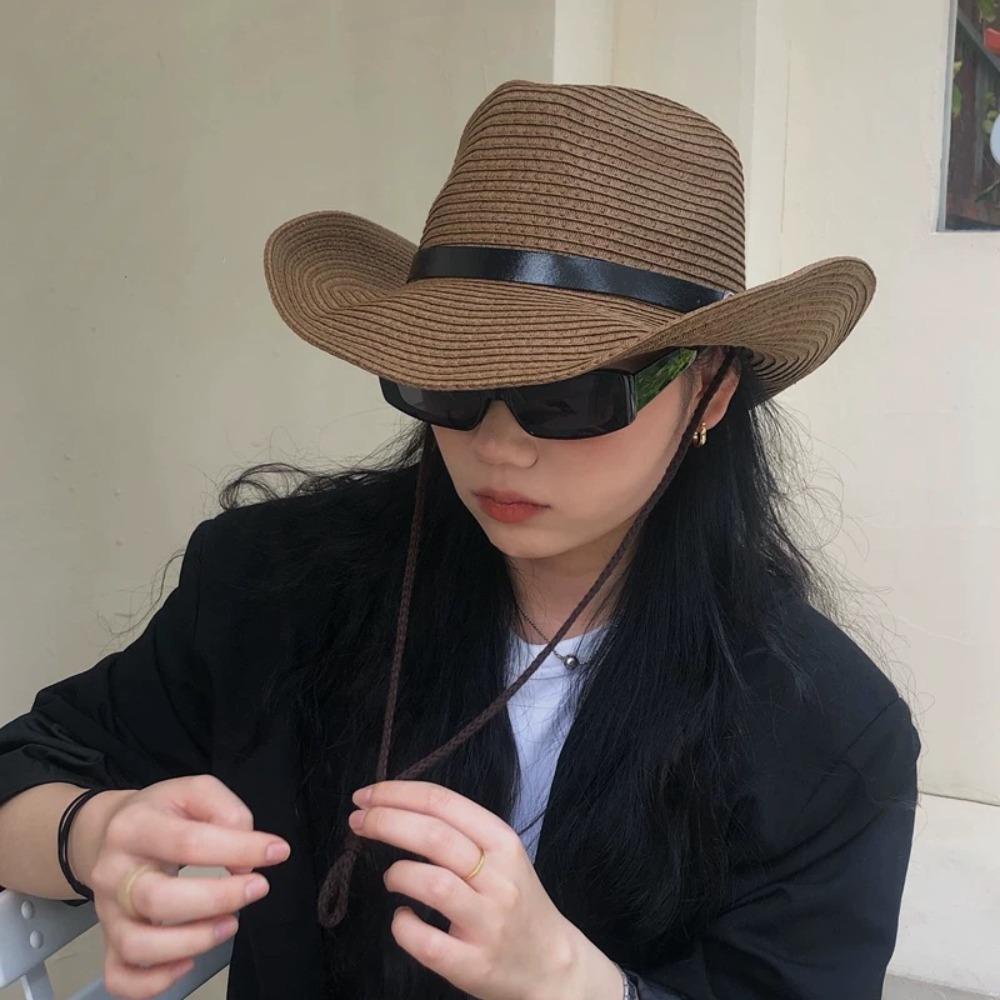Foldable Straw Visor Hat Wide Brim Sun Protection Cap Fashion Western Cowboy Hat  Women Men