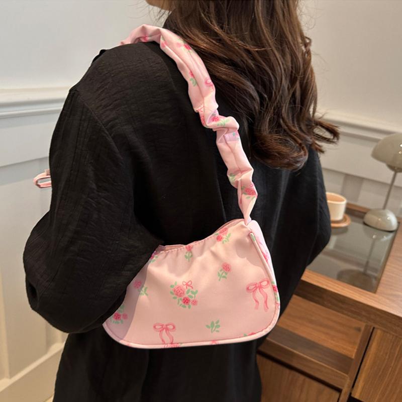 Unique Wrinkled Drawstring Floral Handbag Stylish Versatile Shoulder Underarm Purse Bag For Women