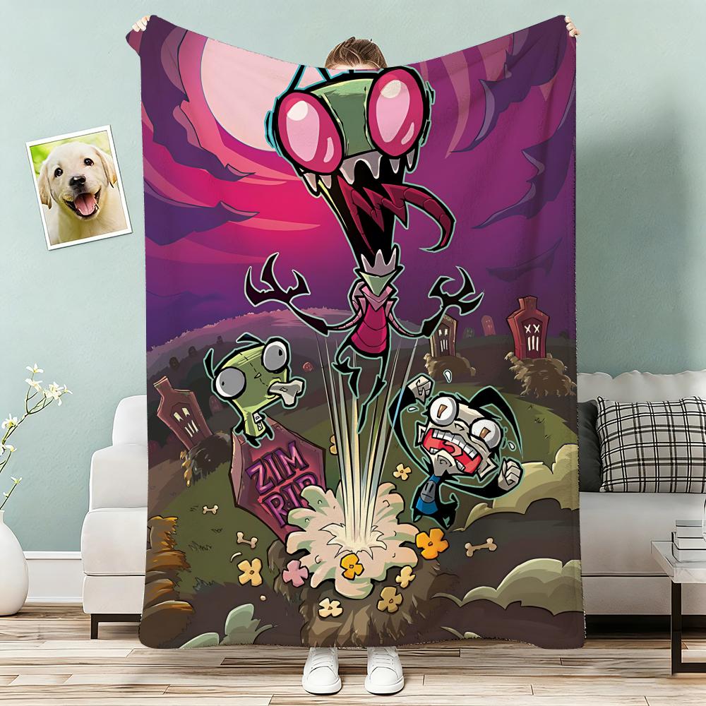 Cartoon I-Invader Zim Throw Lightweight 240g Flannel Blanket Soft Skin-friendly for Summer Cooling