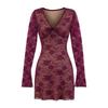 Autumn New Pure Lace Mesh Sexy Spice Girl V-neck Slim A-shaped Dress Long-sleeved Short Skirt
