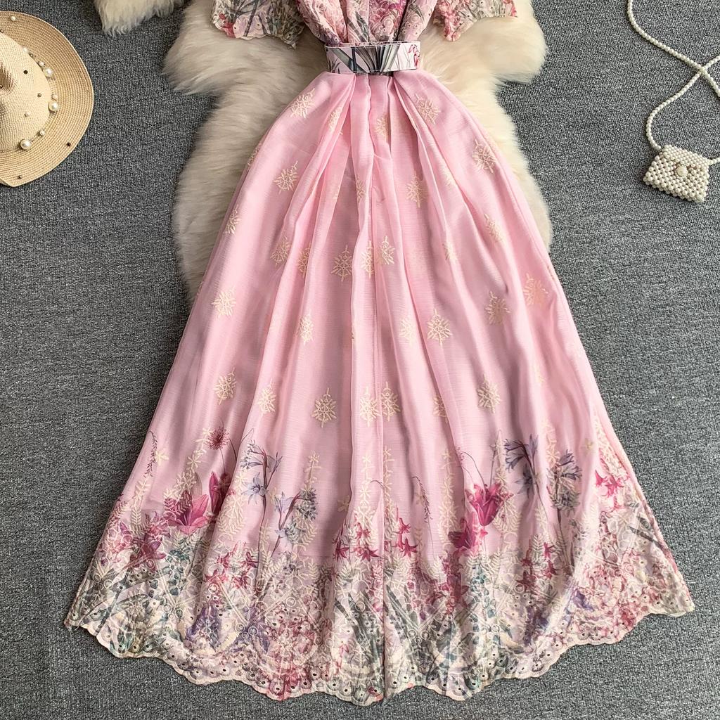 Embroidery Formal Luxury Evening Midi Dress Women Summer Beaded Peter Pan Collar Crochet Flower Hollow Out Short Sleeve Midi Dresses