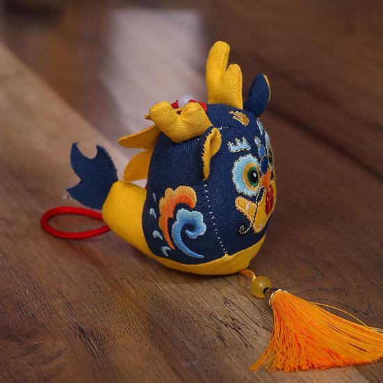 Cute Zodiac Dragon Plush Pendant with Tassel Folk Art Embroidery Pattern Stuffed Animal Mascot
