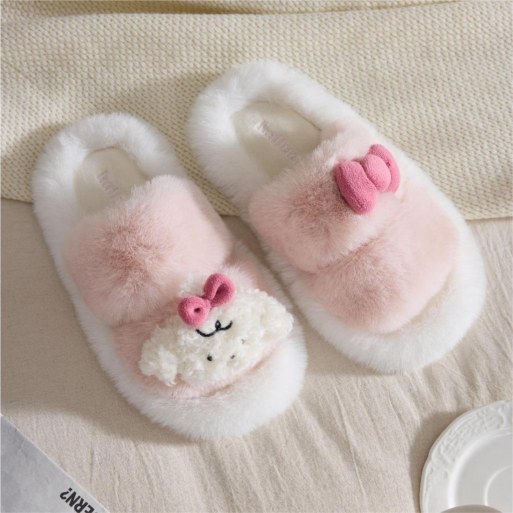 Zimní dámské plyšové pantofle s mašlí, protiskluzové