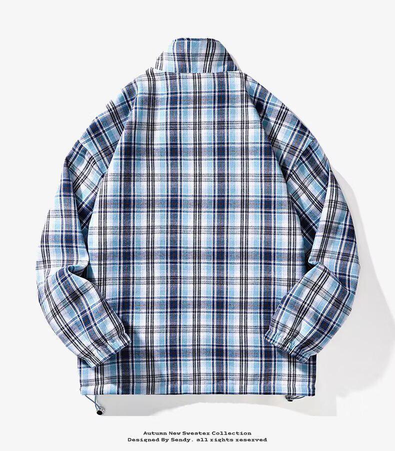 Men's Casual Double-Sided Plaid Patchwork Jacket - Stand Collar, Versatile Spring/Autumn Outerwear in American and Japanese Style