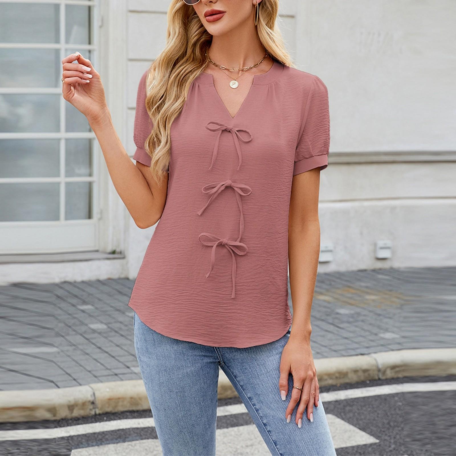 

Весна и лето Новая однотонная футболка с короткими рукавами и бантом, модная футболка с V-образным вырезом для женщин XL арбуз красный