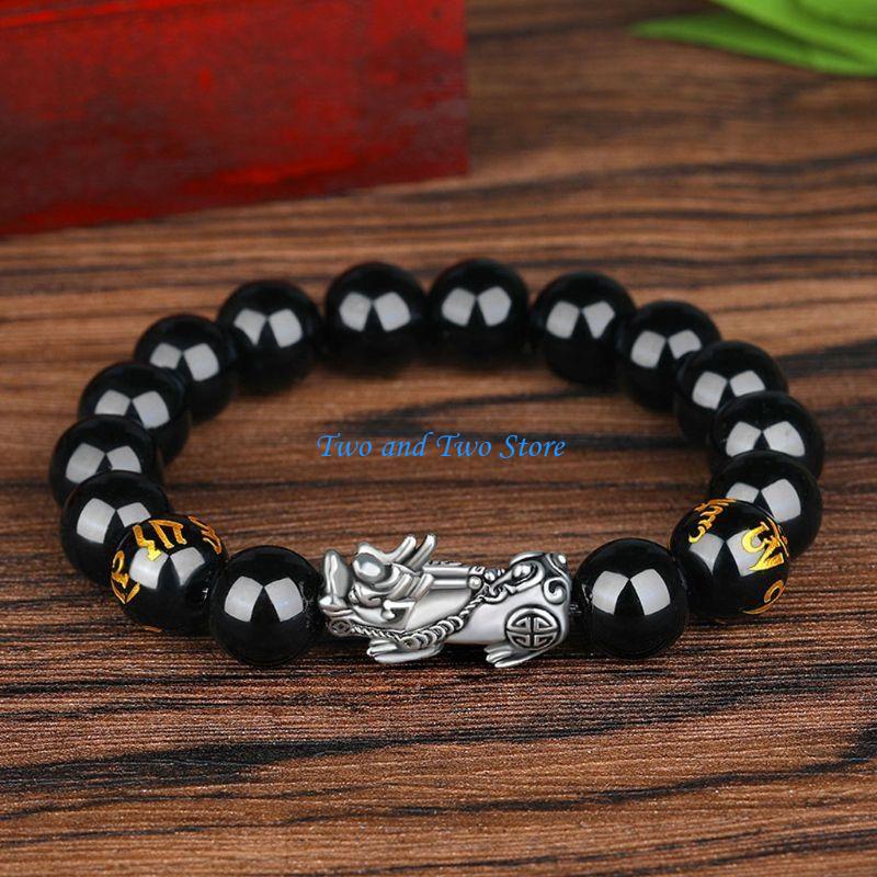 HX6F Lucky Six Words Pixiu Bead Bracelet Male Black Stone Bracelet