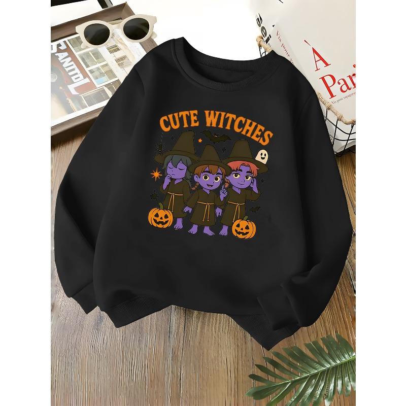 Kids Unisex Pink Crewneck Sweatshirt, Cute Witches Halloween Pumpkin Bat Spider Ghost Cartoon Print, Soft Sweatshirt for Boys Girls Over 4 Years Old